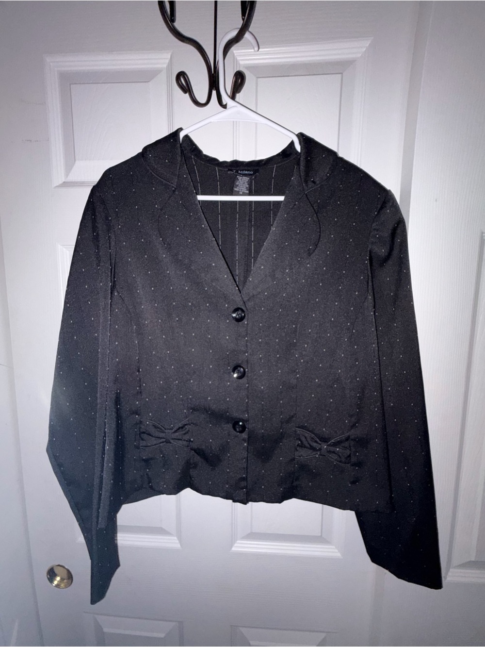 Milano Black Blazer Jacket with Subtle Sparkle and Bow Pockets